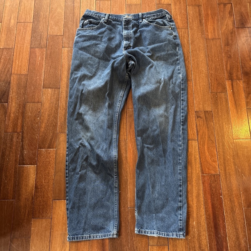 Wrangler Relaxed Fit Straight Blue Denim Jeans Zip Button Pockets Men Sz‎ 38x34